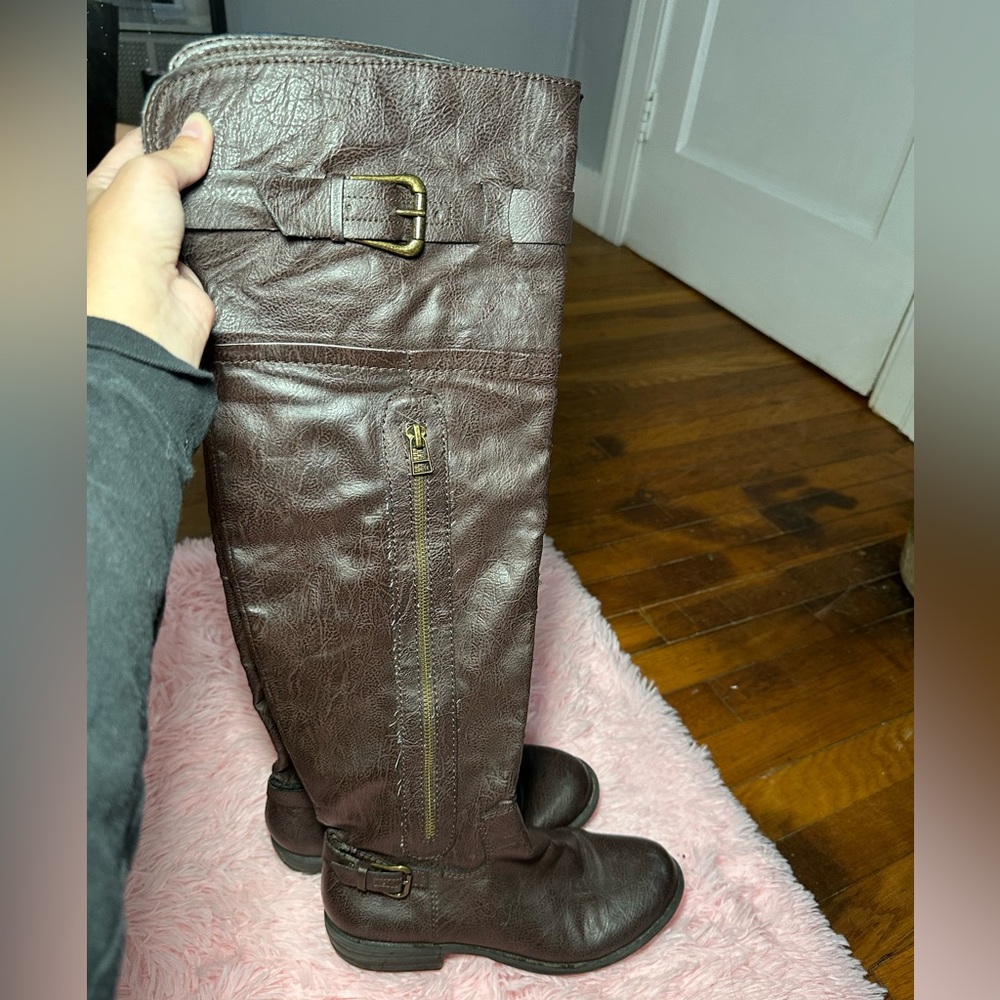 brown leather knee high boots